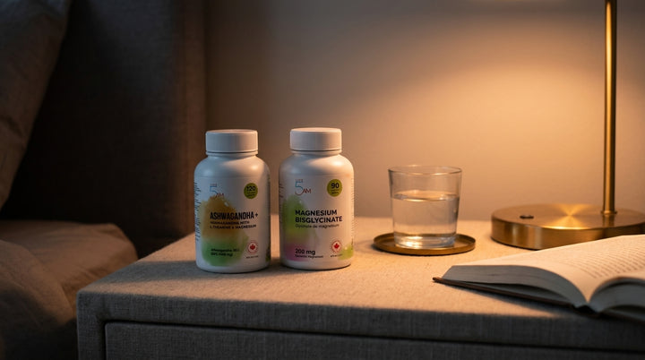 Ashwagandha+ and Magnesium Bisglycinate bottles together on linen nightstand with warm bedside lamp and open book