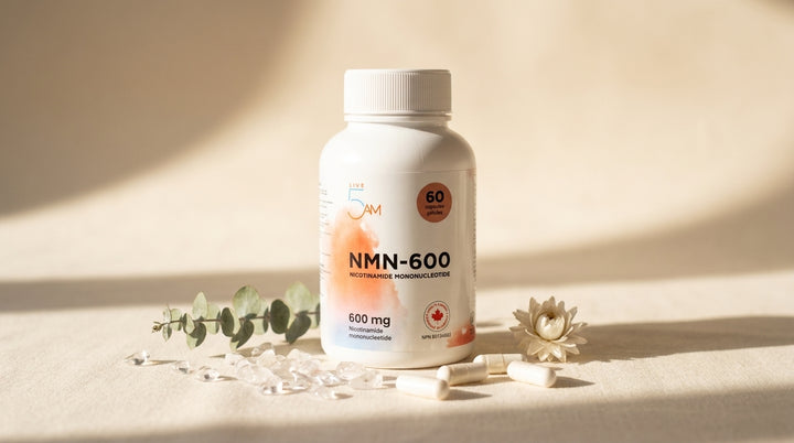 Live 5AM NMN 600mg supplement bottle on cream linen with translucent crystals, capsules, and a sprig of green leaves in soft morning light