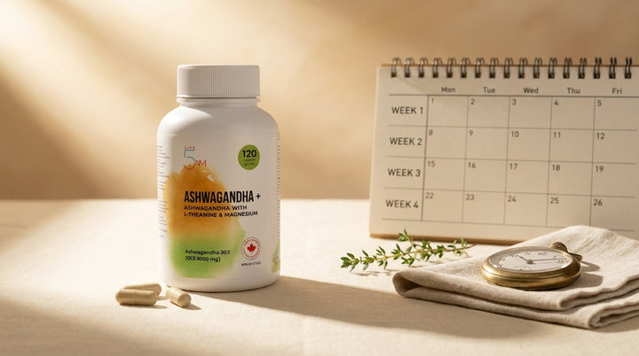 Live 5AM Ashwagandha+ bottle next to a small wall calendar and brass pocket watch suggesting the passage of time