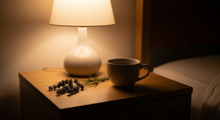 A calm evening wind-down scene with herbal tea and lavender