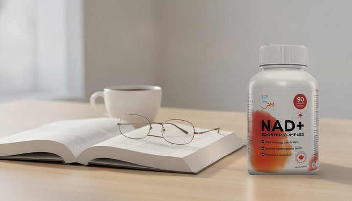 Live 5AM NAD+ Booster Complex bottle on a desk with an open book, reading glasses and a coffee cup