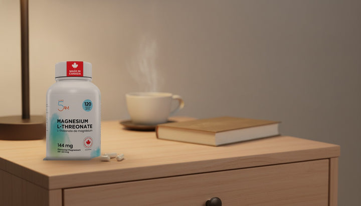Live 5AM Magnesium L-Threonate 144 mg bottle, 120 capsules, on an evening bedside table with tea and a book
