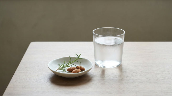 Minimalist still life on walnut wood: a glass of water, a small ceramic dish, and a leaf sprig in soft daylight
