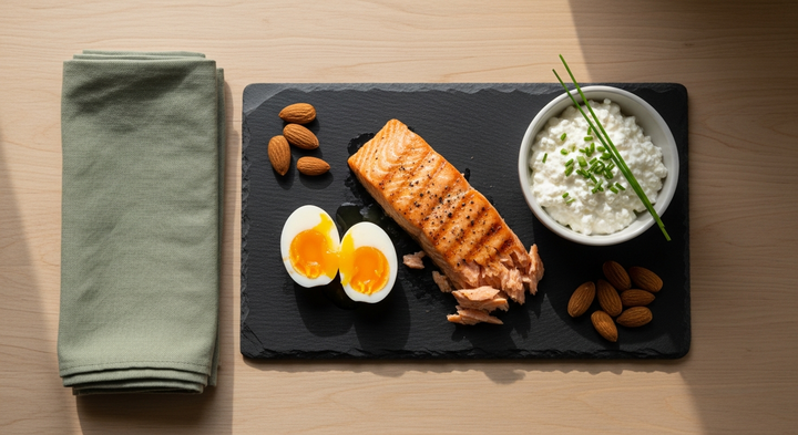 A high-protein breakfast board with salmon, egg, and almonds