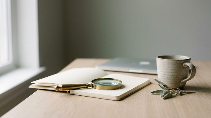 Brass magnifying glass on a blank notebook beside a stoneware cup and sage sprig on a pale oak desk in soft daylight