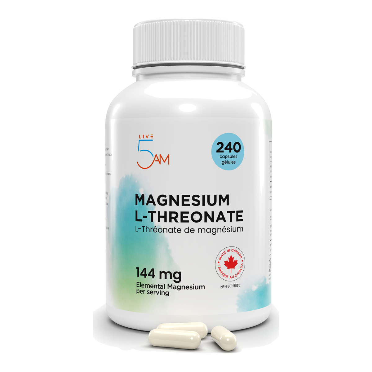 Live 5AM Magnesium L-Threonate 144 mg bottle, 240 capsules