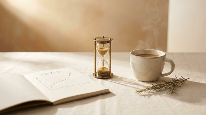 Brass tabletop hourglass, open notebook with a hand-drawn energy curve, ceramic coffee cup, and dried rosemary on cream linen in soft morning light, evoking finding your daily pace.