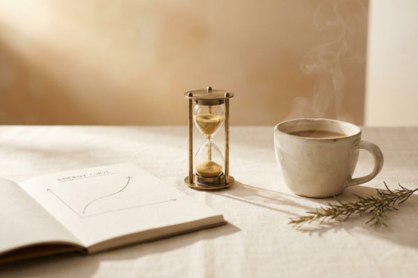 Brass tabletop hourglass, open notebook with a hand-drawn energy curve, ceramic coffee cup, and dried rosemary on cream linen in soft morning light, evoking finding your daily pace.