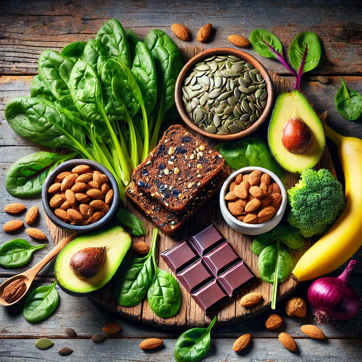 Magnesium-rich whole foods arranged on a table