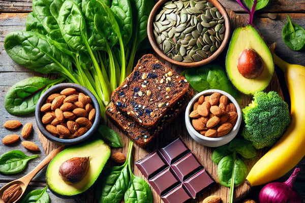 Magnesium-rich whole foods arranged on a table