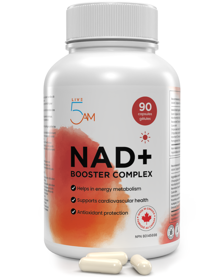 Live 5AM NAD+ Booster Complex supplement bottle, a 6-in-1 NAD+ formula