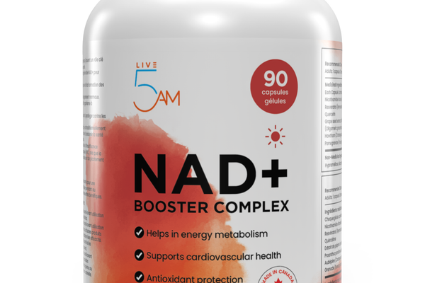 Live 5AM NAD+ Booster Complex supplement bottle, a 6-in-1 NAD+ formula