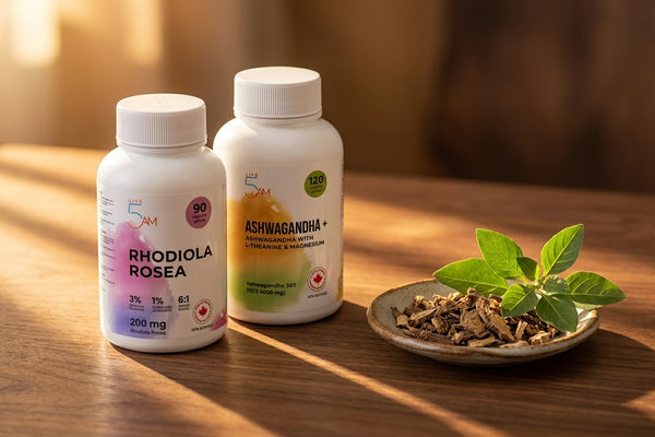 Rhodiola Rosea and Ashwagandha+ bottles side by side on warm walnut wood, with dried herbs and golden morning light