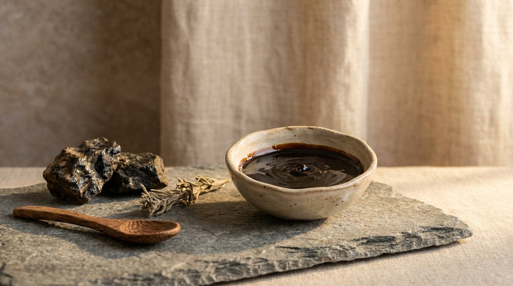 Dark glossy shilajit resin in a ceramic dish on a slate stone slab with raw mineral rock fragments and a wooden spoon