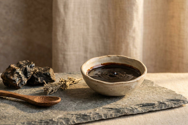 Dark glossy shilajit resin in a ceramic dish on a slate stone slab with raw mineral rock fragments and a wooden spoon