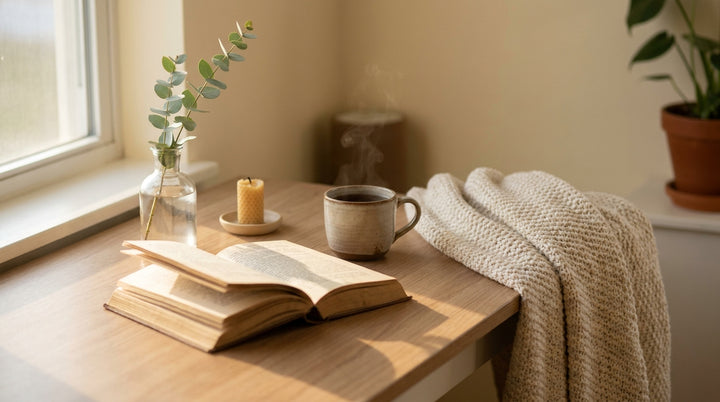 Calm desk corner with open book, herbal tea, candle, eucalyptus sprig, and folded knit blanket in warm afternoon window light