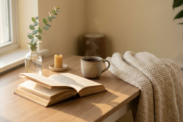 Calm desk corner with open book, herbal tea, candle, eucalyptus sprig, and folded knit blanket in warm afternoon window light