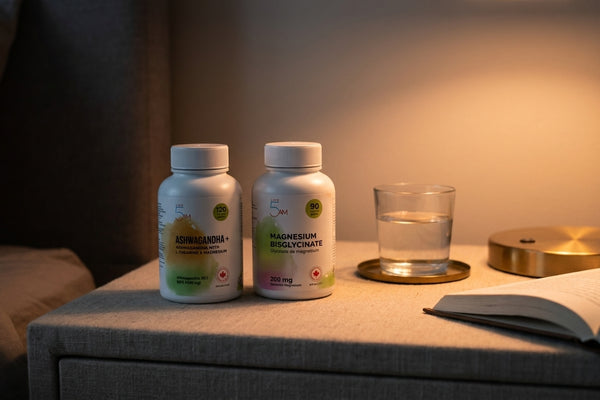 Ashwagandha+ and Magnesium Bisglycinate bottles together on linen nightstand with warm bedside lamp and open book