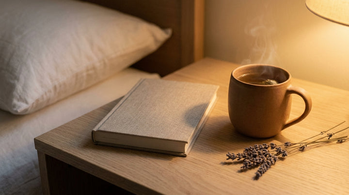 Evening bedside scene with a closed linen-bound book, herbal tea mug, and dried lavender sprig in warm amber lamp light.