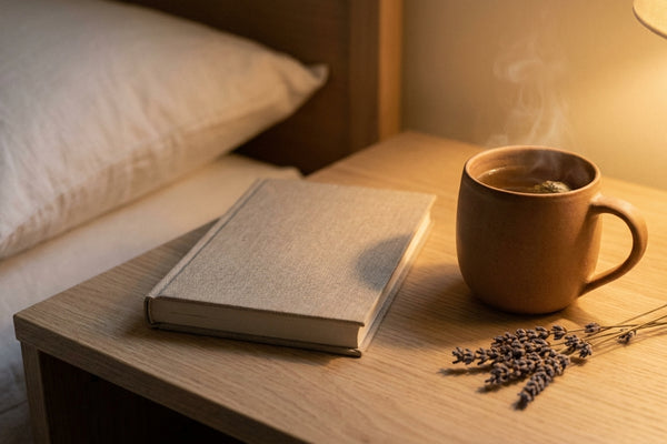 Evening bedside scene with a closed linen-bound book, herbal tea mug, and dried lavender sprig in warm amber lamp light.