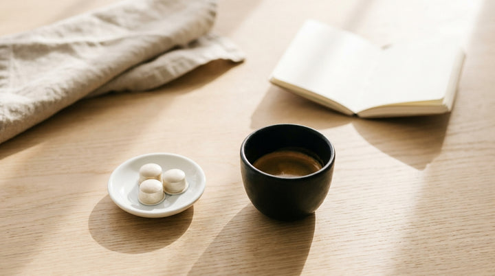 Morning desk scene with a black ceramic espresso cup and three white capsules in bright sunlight on a pale oak surface.