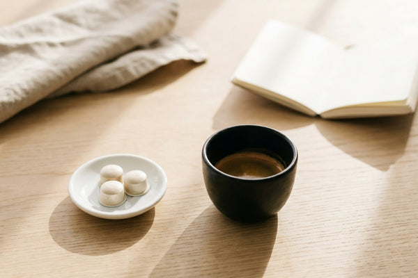 Morning desk scene with a black ceramic espresso cup and three white capsules in bright sunlight on a pale oak surface.