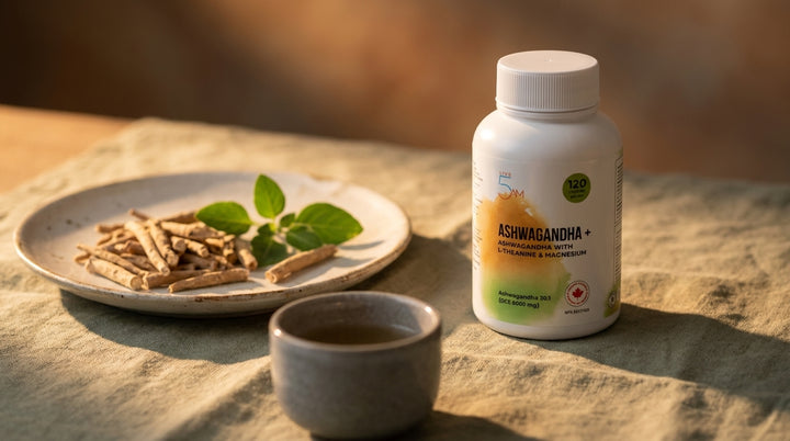 Live 5AM Ashwagandha+ bottle with dried ashwagandha root on sage linen in golden afternoon light.