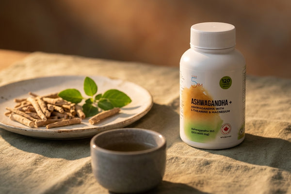 Live 5AM Ashwagandha+ bottle with dried ashwagandha root on sage linen in golden afternoon light.