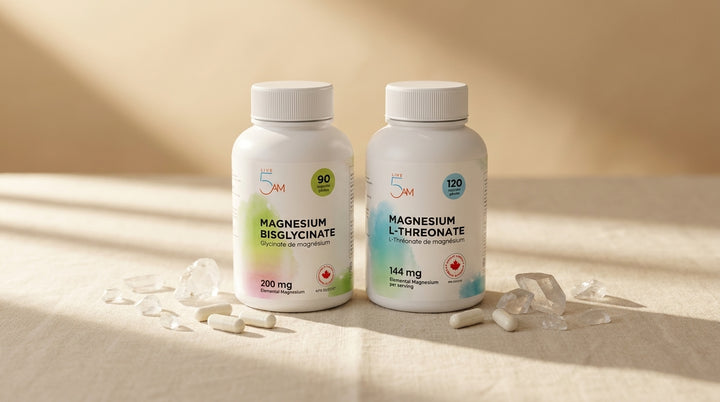 Live 5AM Magnesium Bisglycinate 200mg and Magnesium L-Threonate 144mg bottles side by side with white capsules and translucent magnesium crystal fragments