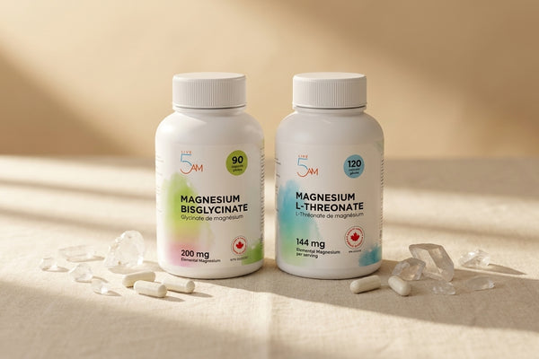 Live 5AM Magnesium Bisglycinate 200mg and Magnesium L-Threonate 144mg bottles side by side with white capsules and translucent magnesium crystal fragments