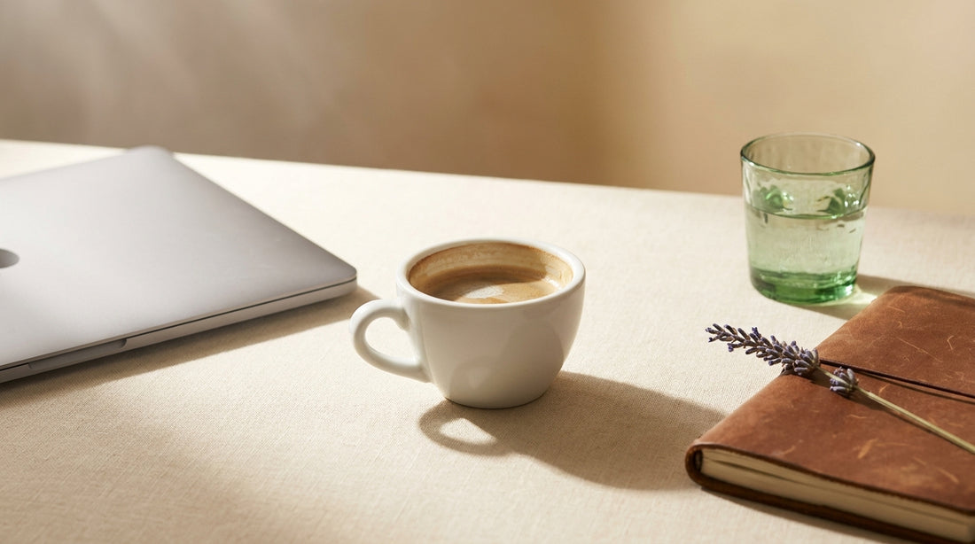 Closed laptop, half-empty espresso, water glass, and lavender on a cream linen desk in soft midday light, evoking the post-lunch afternoon dip.