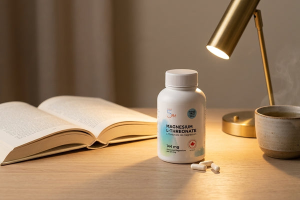 Live 5AM Magnesium L-Threonate 144mg bottle on a pale oak desk beside an open book, brass lamp, and a steaming ceramic cup of tea in warm tungsten light.