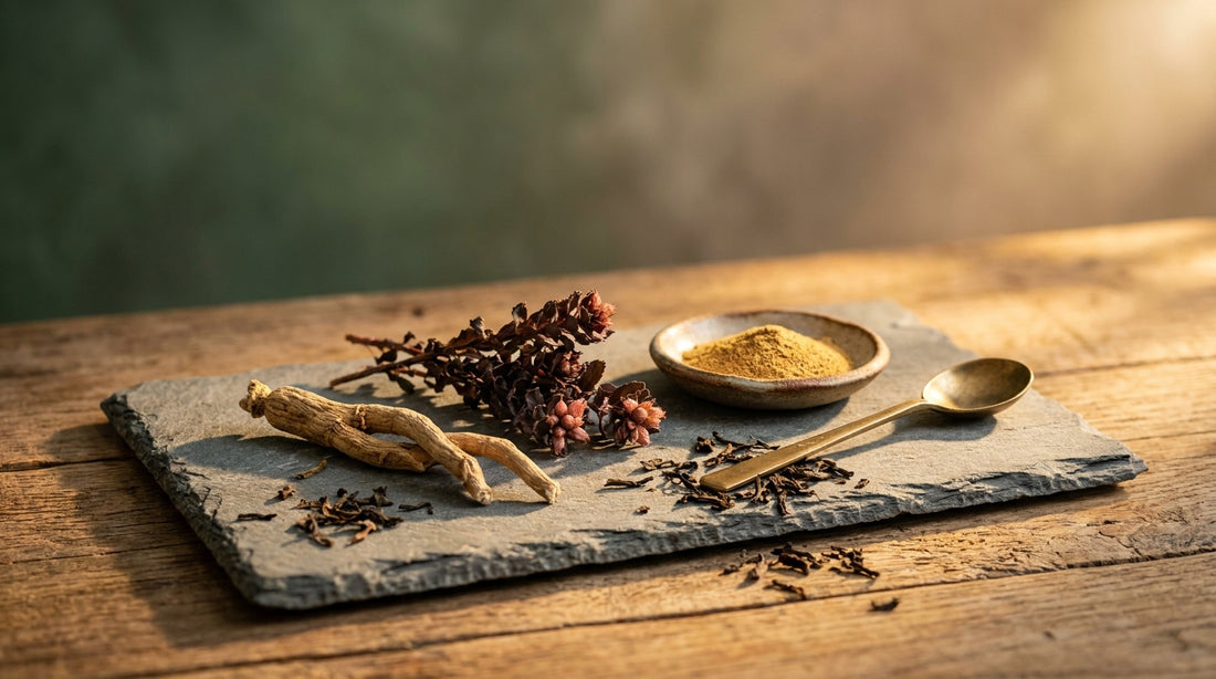 Dried ashwagandha and rhodiola roots, loose tea leaves, golden adaptogen powder, and a brass spoon on weathered slate in warm golden hour light.