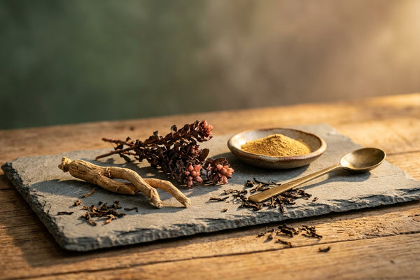 Dried ashwagandha and rhodiola roots, loose tea leaves, golden adaptogen powder, and a brass spoon on weathered slate in warm golden hour light.