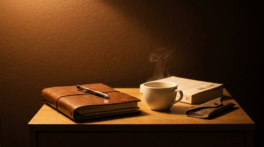 Closed leather journal, chamomile tea, a face-down paperback, and a folded glasses case on a bedside table in warm tungsten lamp light.
