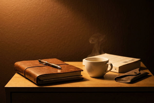Closed leather journal, chamomile tea, a face-down paperback, and a folded glasses case on a bedside table in warm tungsten lamp light.