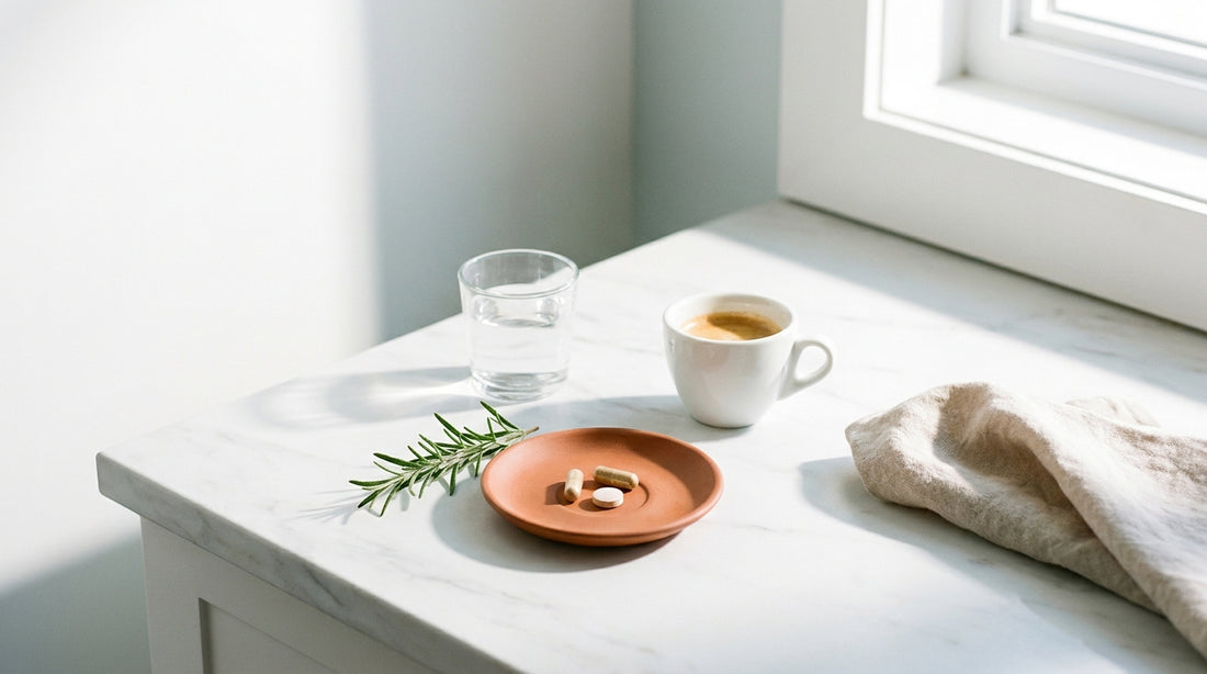 White marble counter in bright morning sun with a water tumbler, espresso cup, terracotta saucer of capsules, and fresh rosemary.