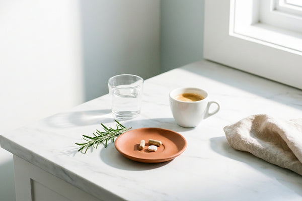 White marble counter in bright morning sun with a water tumbler, espresso cup, terracotta saucer of capsules, and fresh rosemary.