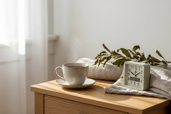 Calm evening wind-down scene with a cup of herbal tea, a small clock, and soft window light, illustrating when to take magnesium for sleep.