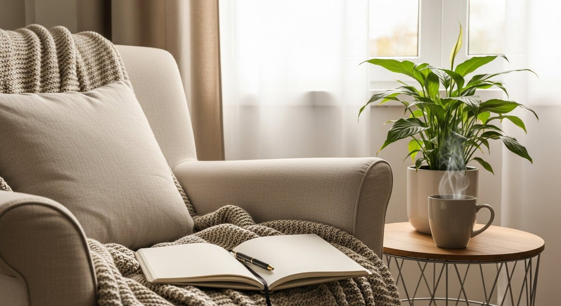 Quiet restorative reading nook with a journal, blanket, and warm daylight, illustrating recovery from burnout.