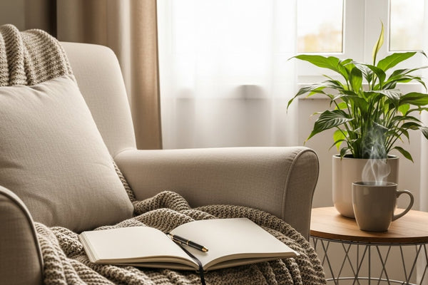Quiet restorative reading nook with a journal, blanket, and warm daylight, illustrating recovery from burnout.
