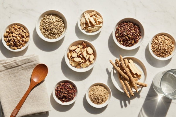 Flat-lay of loose dried adaptogen herbs and roots in small dishes on a pale marble surface, illustrating whether adaptogens suit everyone.