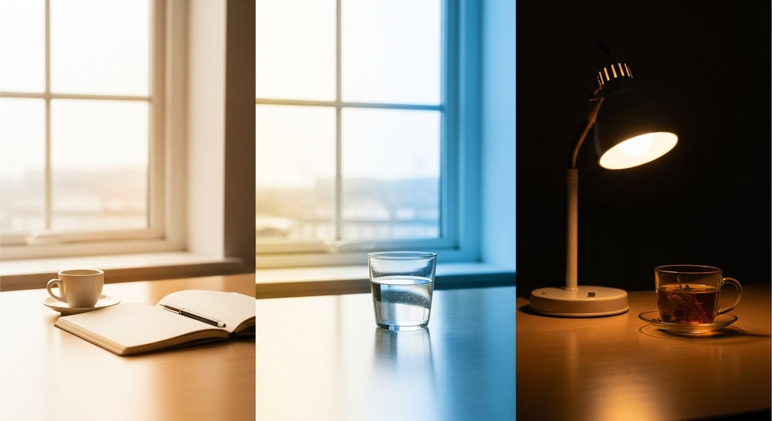 Light wooden desk still life moving from morning coffee to evening tea, illustrating the Live 5AM morning, midday, and night pace framework.