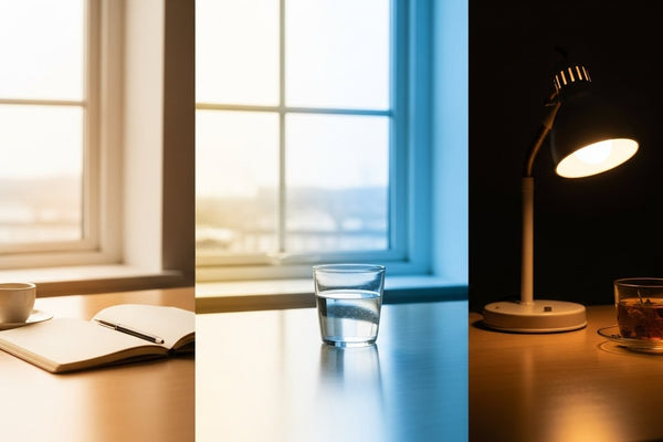 Light wooden desk still life moving from morning coffee to evening tea, illustrating the Live 5AM morning, midday, and night pace framework.