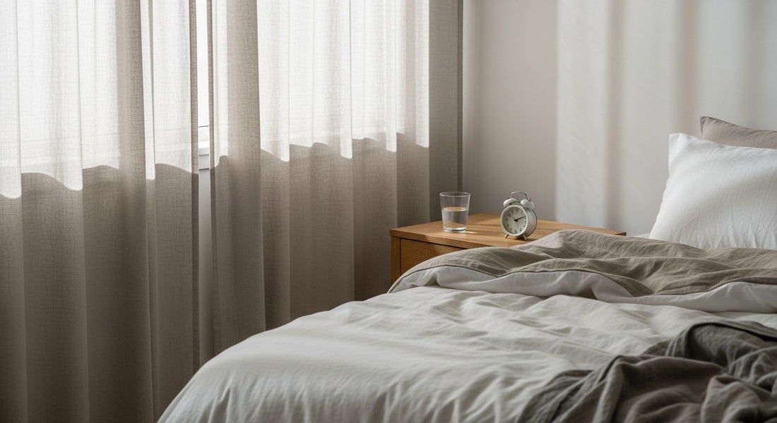 Soft morning light over a neatly made bed with a glass of water on the nightstand, illustrating tiredness after eight hours of sleep.