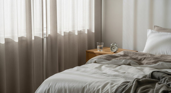 Soft morning light over a neatly made bed with a glass of water on the nightstand, illustrating tiredness after eight hours of sleep.