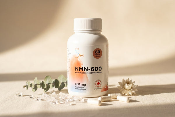 Live 5AM NMN 600mg supplement bottle on cream linen with translucent crystals, capsules, and a sprig of green leaves in soft morning light