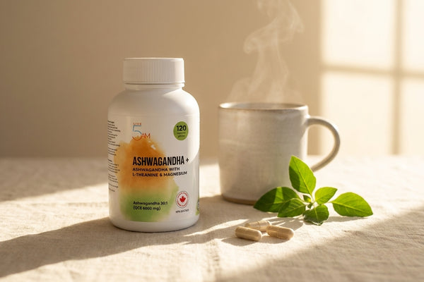 Live 5AM Ashwagandha+ supplement bottle next to a steaming ceramic mug with fresh ashwagandha leaves in morning window light