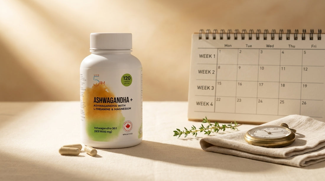 Live 5AM Ashwagandha+ bottle next to a small wall calendar and brass pocket watch suggesting the passage of time