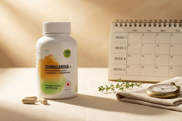 Live 5AM Ashwagandha+ bottle next to a small wall calendar and brass pocket watch suggesting the passage of time